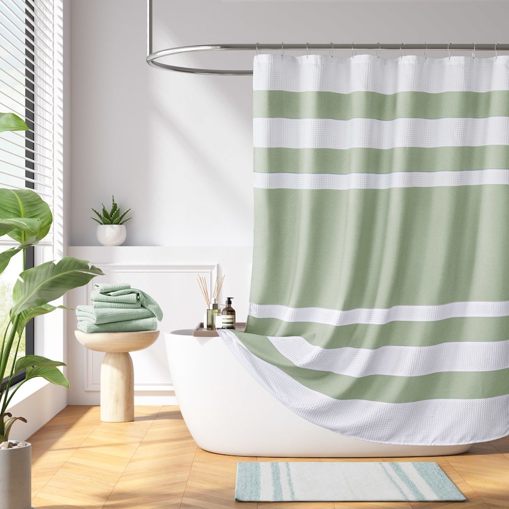 Spa Waffle Shower Curtain with 3M Treatment, Sage Green color. Picture 1