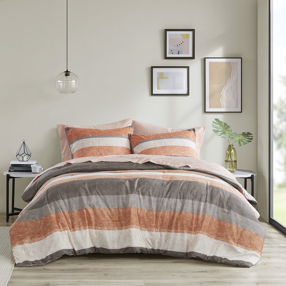 Jaxon Stripe Comforter Set with Bed Sheets, Coral/Grey color. Picture 1