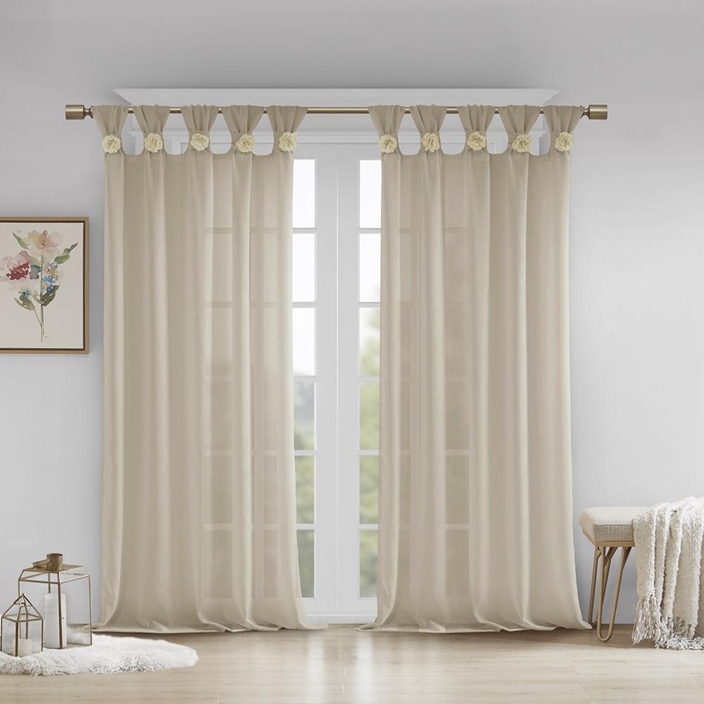 Floral Embellished Cuff Tab Top Solid Curtain Panel. Picture 4