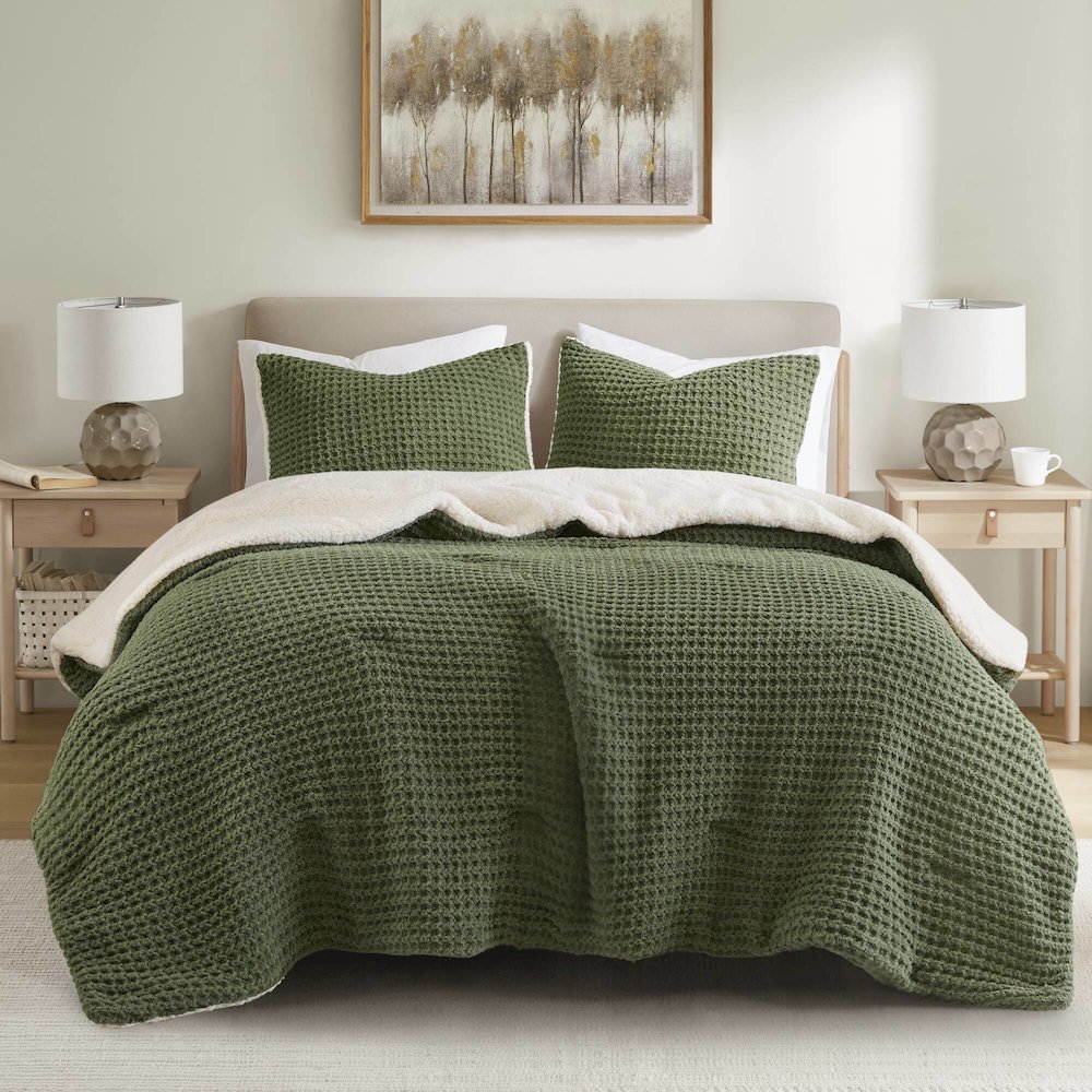 Riordan Waffle Knit Chenille Comforter Set, Olive color. Picture 1