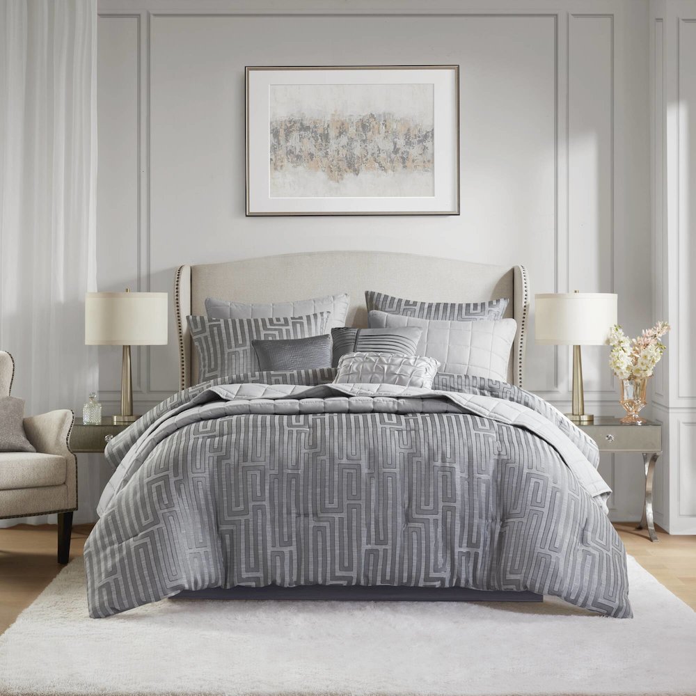 Royce 10 Piece Luxury Jacquard Comforter Set, Grey color. Picture 2