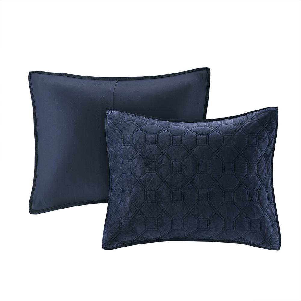 Harper 3 Piece Velvet Quilt Set, Navy color. Picture 1