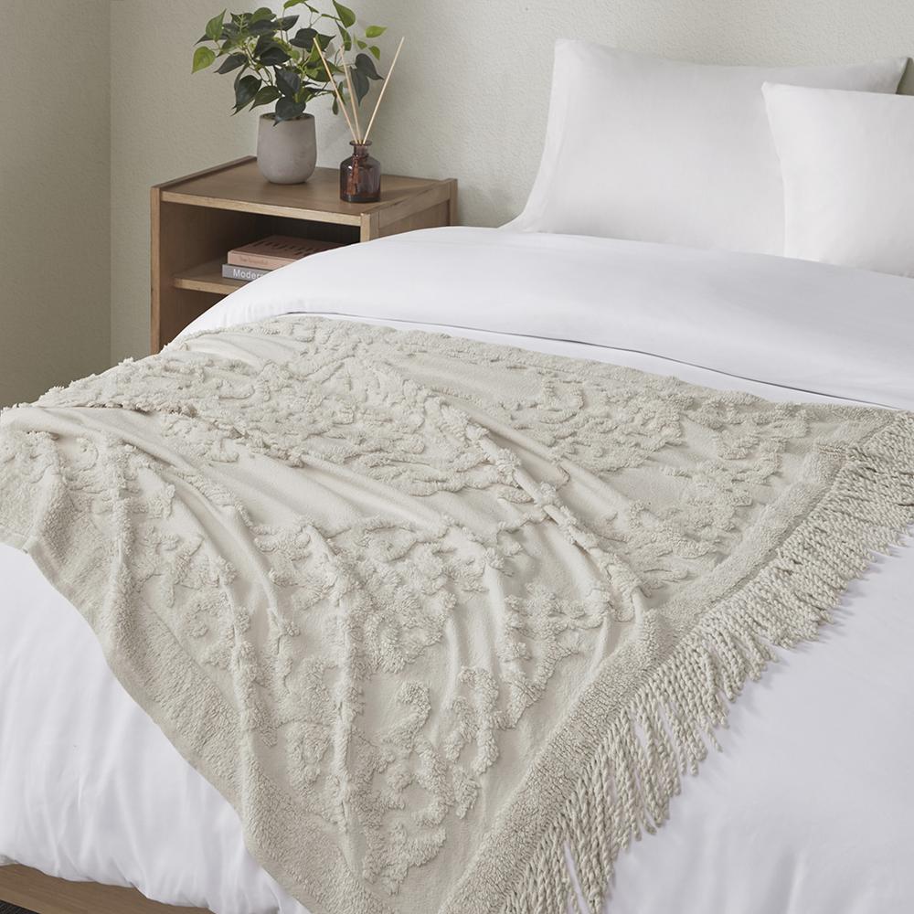 100% Cotton Tufted Chenille Lightweight Throw With Fringe Tassel 50" x 60". Picture 3