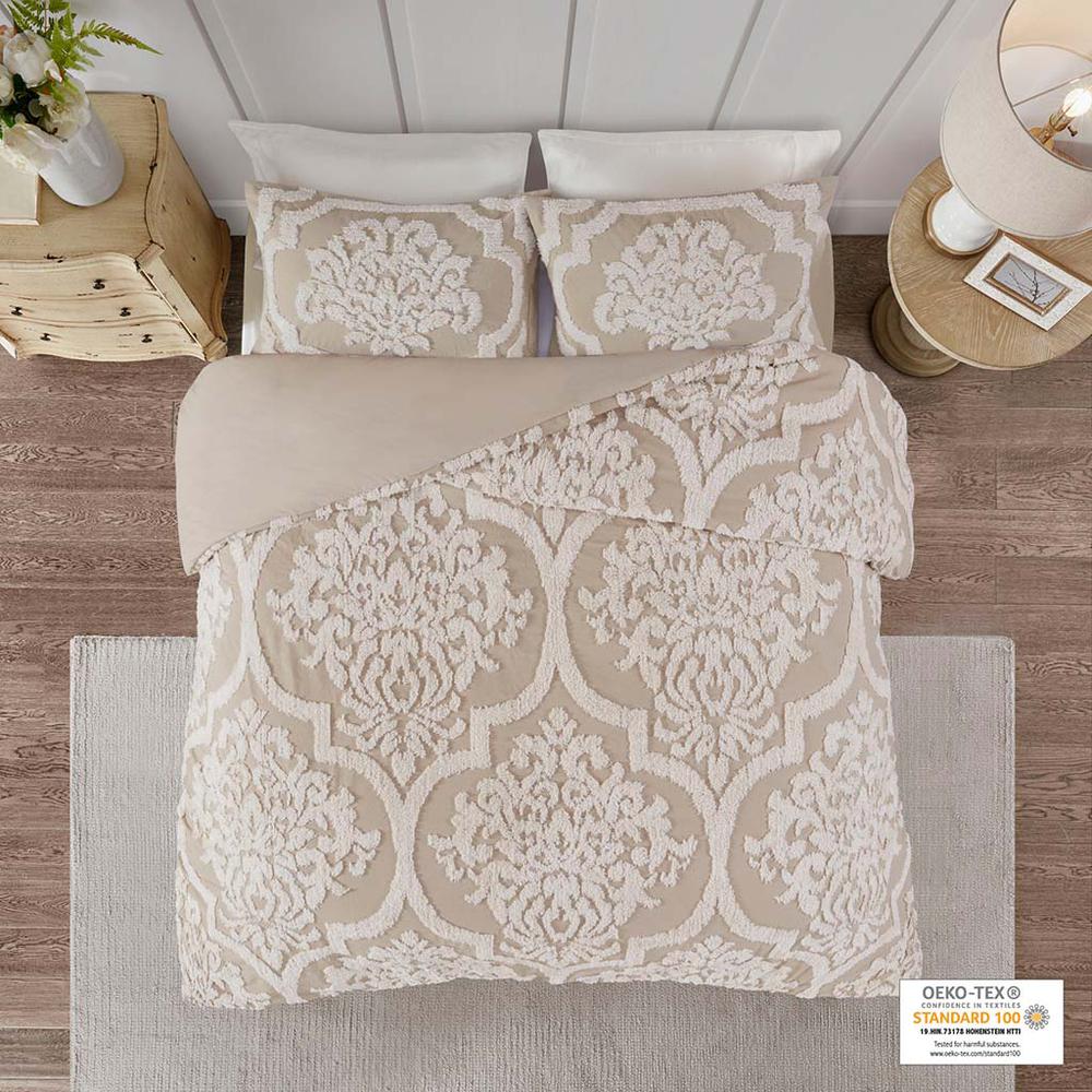 3 piece Tufted Cotton Chenille Damask Duvet Cover Set. Picture 4
