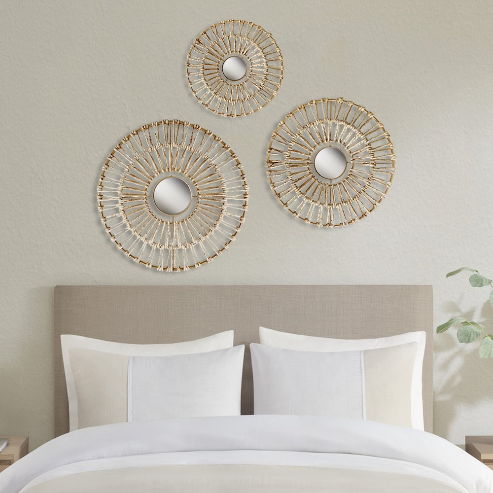 Round Natural Fiber and Mirror 3-piece Wall Decor Set. Picture 1