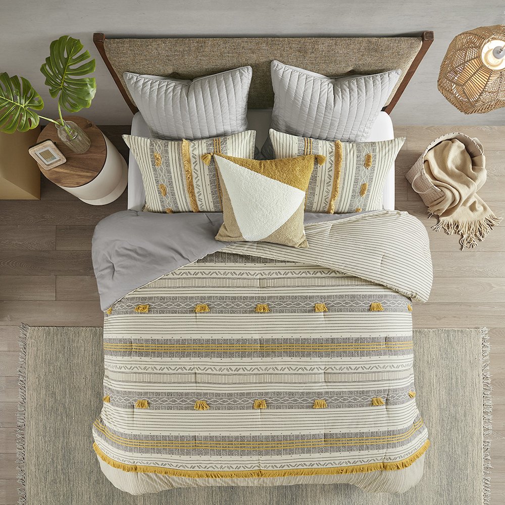 Cody 3 Piece Cotton Comforter Set, Gray/Yellow color. Picture 4