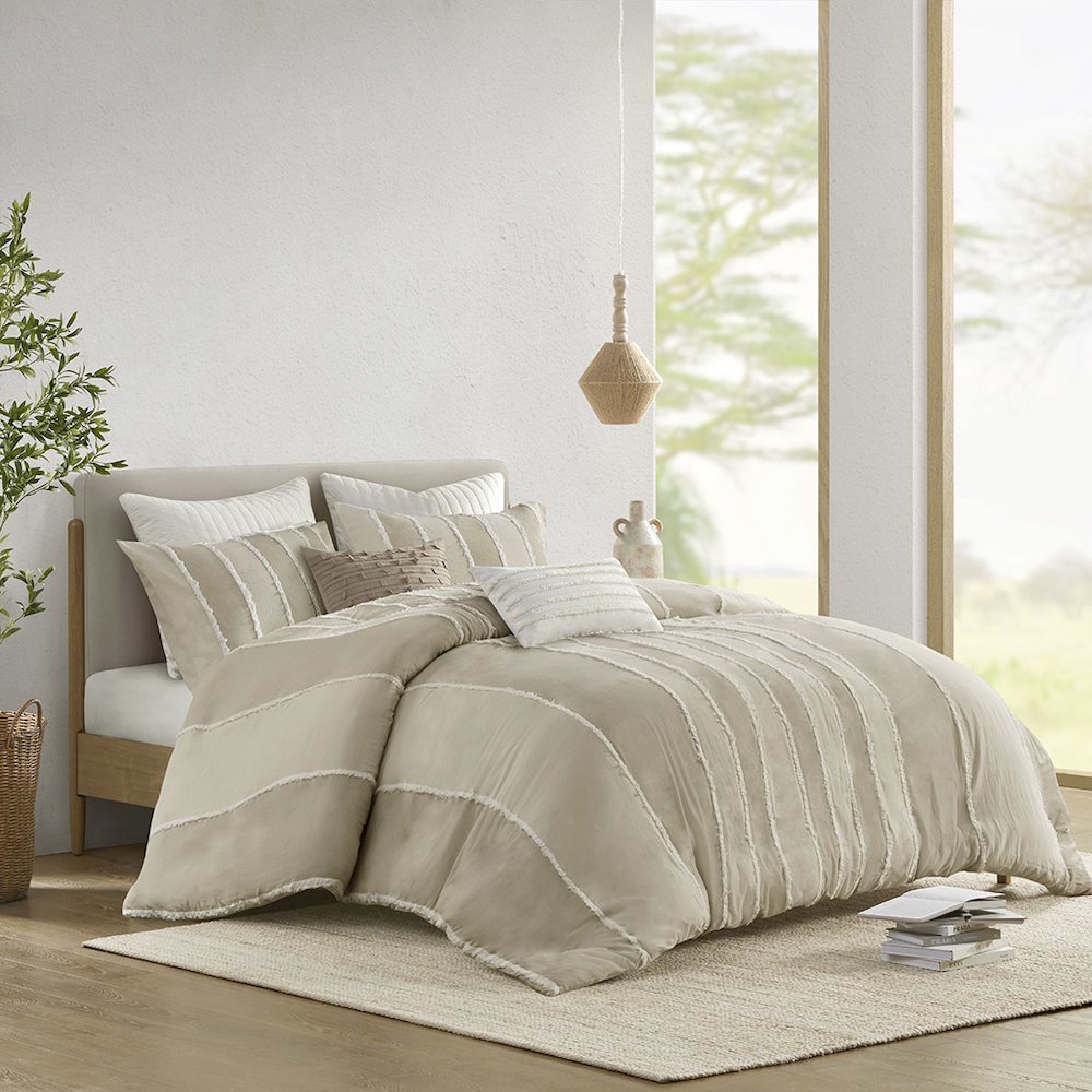 Shay 3 Piece Striped Cotton Duvet Cover Set, Taupe color. Picture 2