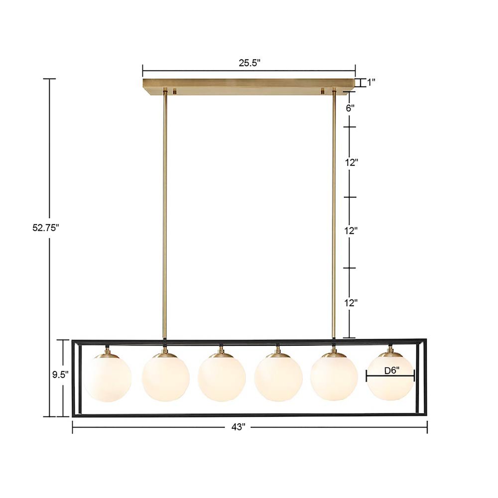 6-Light Frosted Glass Globe Linear Chandelier. Picture 3