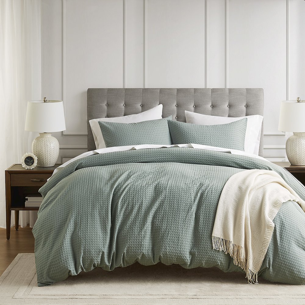 Mina Waffle Weave Textured Duvet Cover Set, Sage Green color. Picture 1