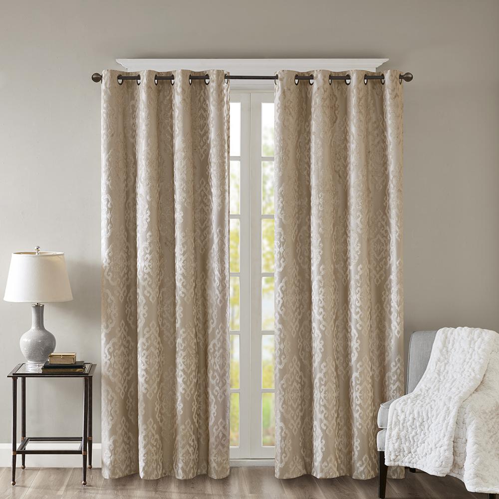 Knitted Jacquard Damask Total Blackout Grommet Top Curtain Panel Pair. Picture 1