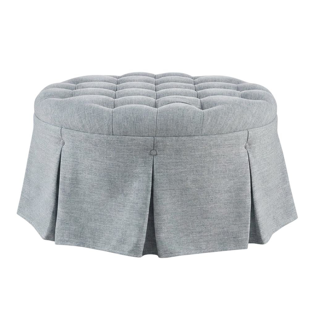 Light Blue Tufted Round Ottoman, Skirted Seat for Bedroom. Picture 4