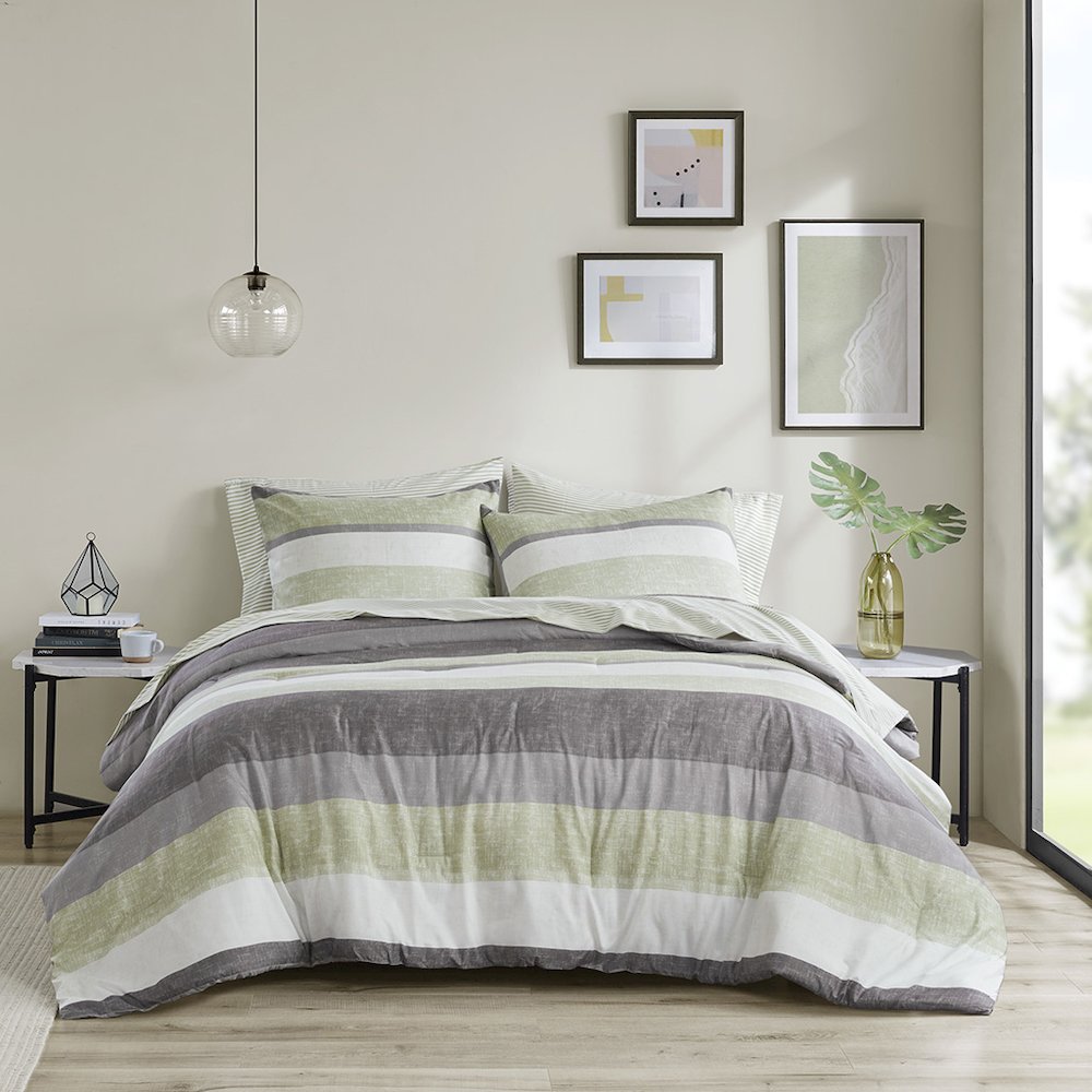 Jaxon Stripe Comforter Set with Bed Sheets, Green/Grey color. Picture 2