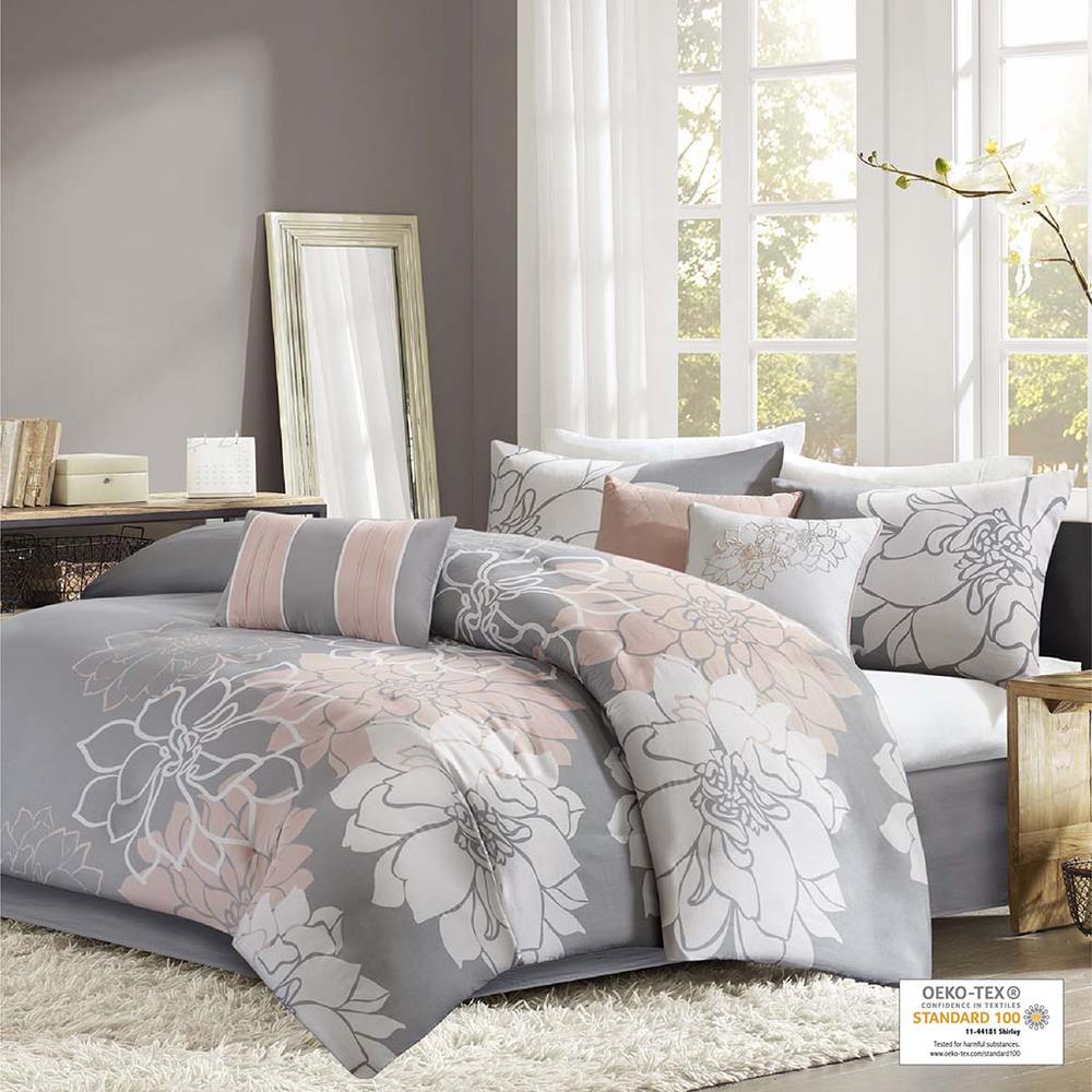 Lola Printed Cotton Sateen Comforter Set, Grey/Peach color. Picture 4