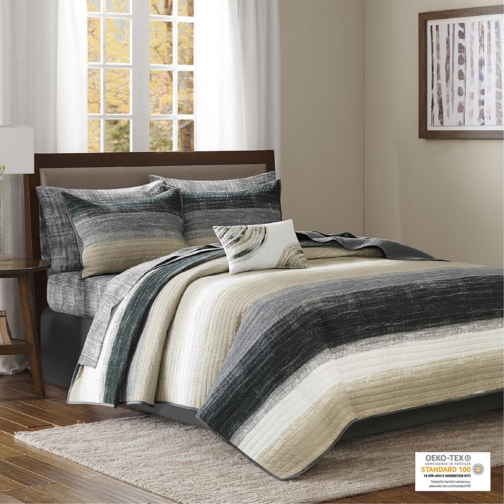 Saben 8 Piece Quilt Set with Cotton Bed Sheets, Taupe color. Picture 1