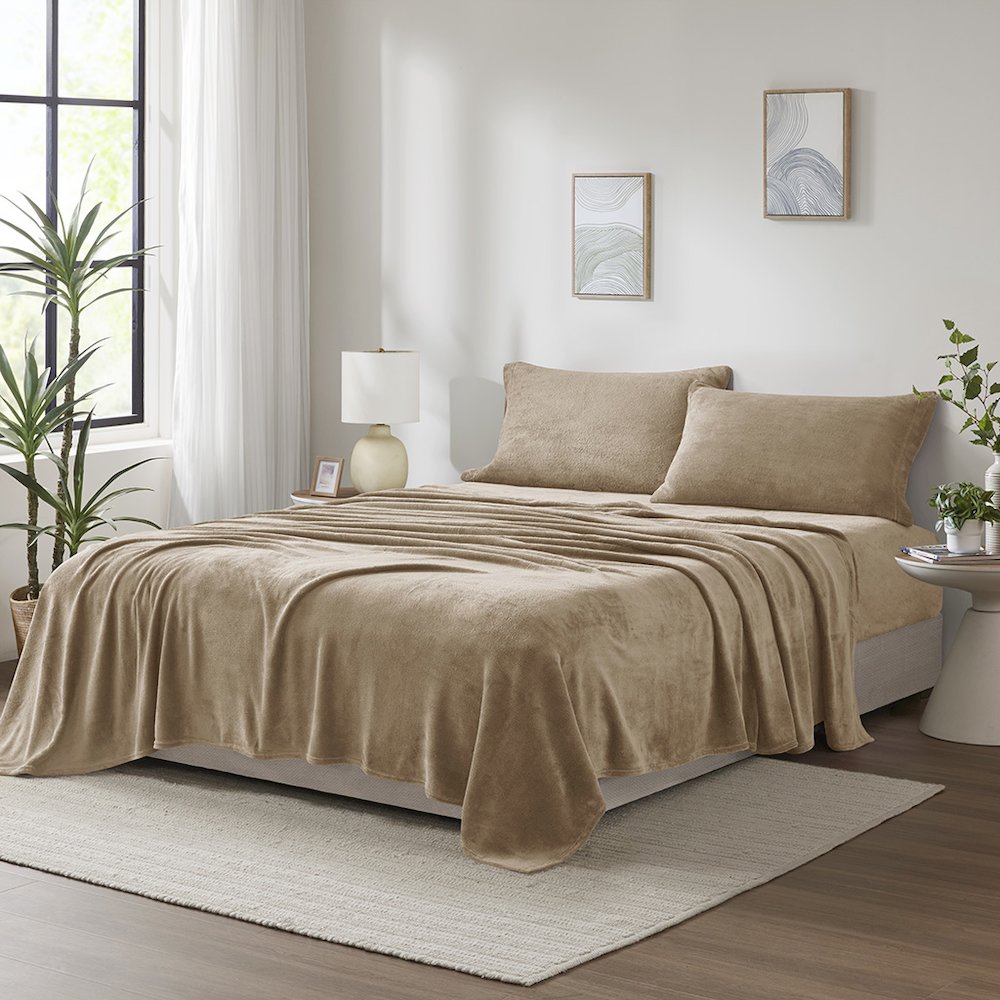 Soloft Plush Micro Plush Sheet Set in Taupe. Picture 1