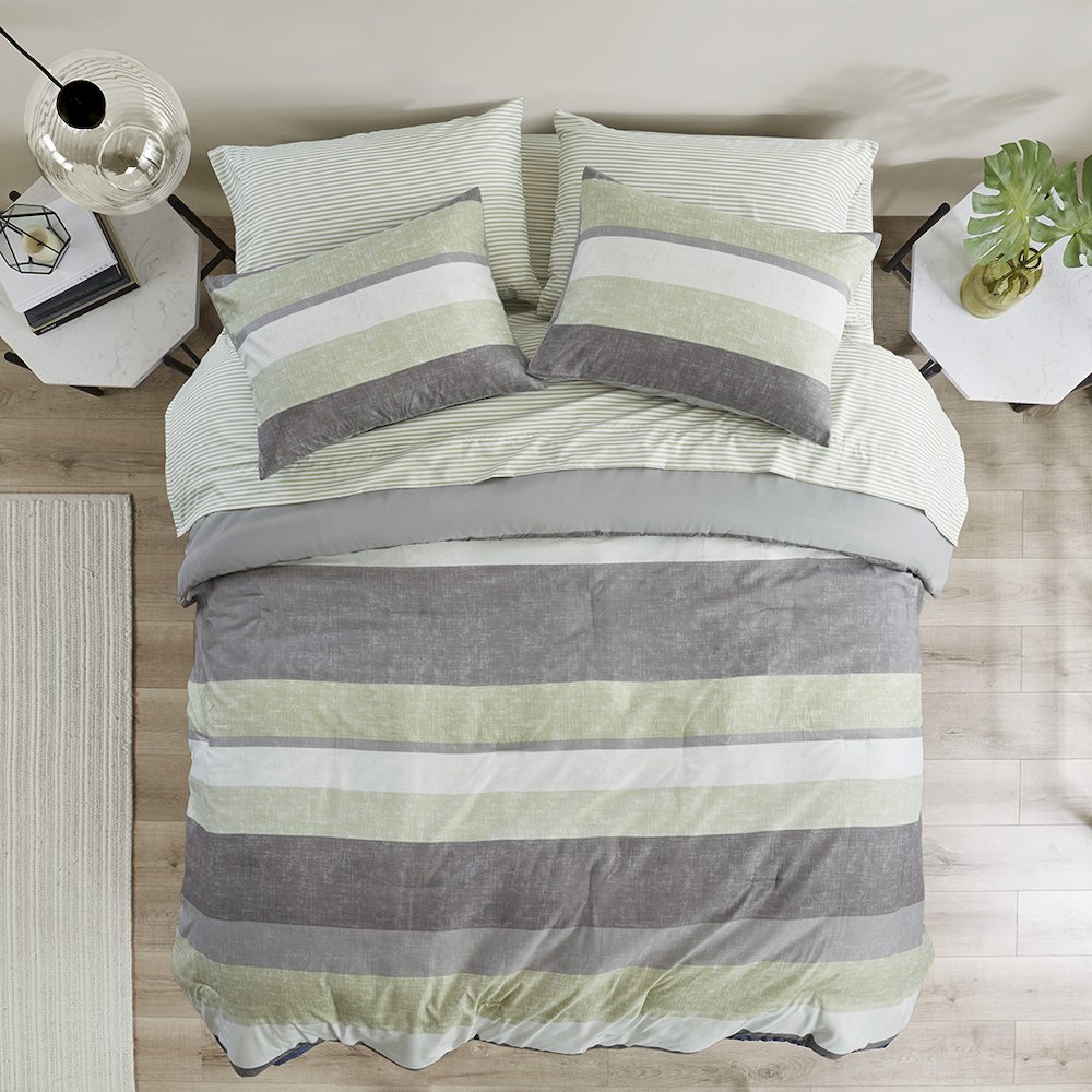 Jaxon Stripe Comforter Set with Bed Sheets, Green/Grey color. Picture 4