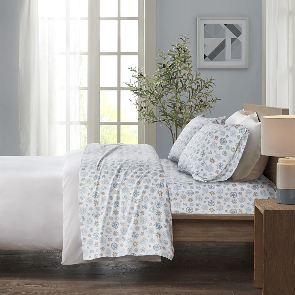 Cozy Flannel Printed Sheet Set, Tan/Blue Snowflakes color. Picture 4