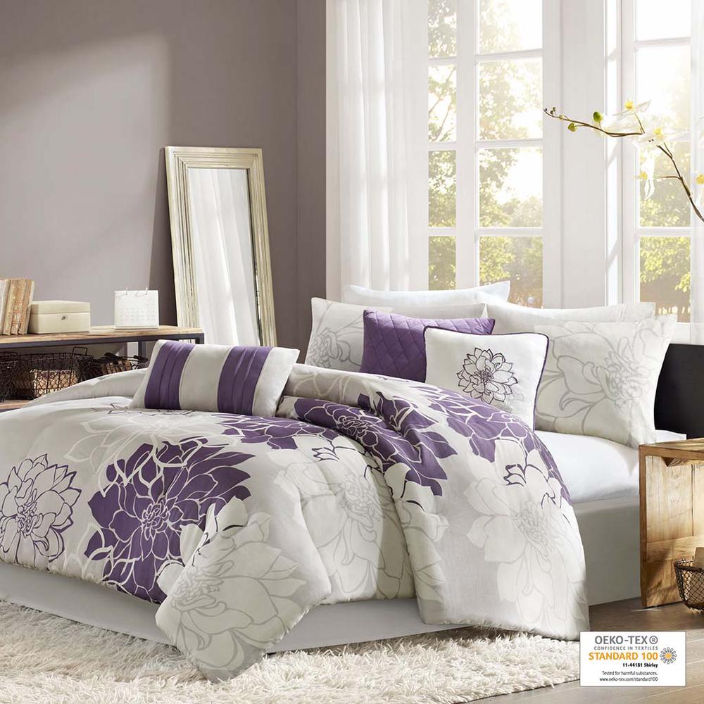 Lola Printed Cotton Sateen Comforter Set, Taupe Grey/Purple color. Picture 1