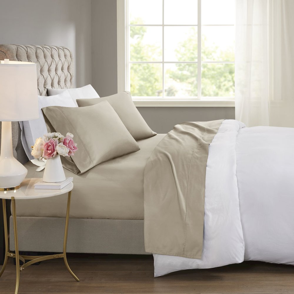 600 Thread Count Cooling Cotton Blend 4 PC Sheet Set, Khaki color. Picture 4