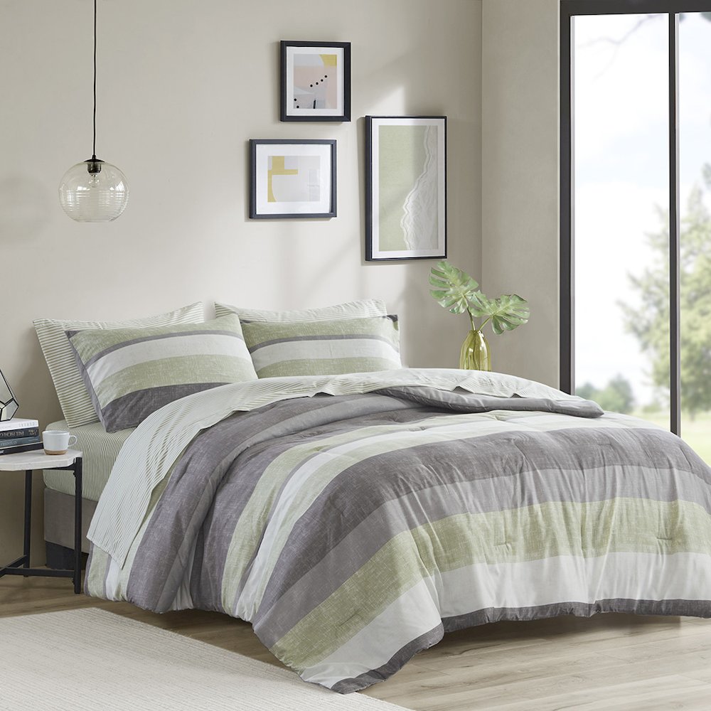 Jaxon Stripe Comforter Set with Bed Sheets, Green/Grey color. Picture 3