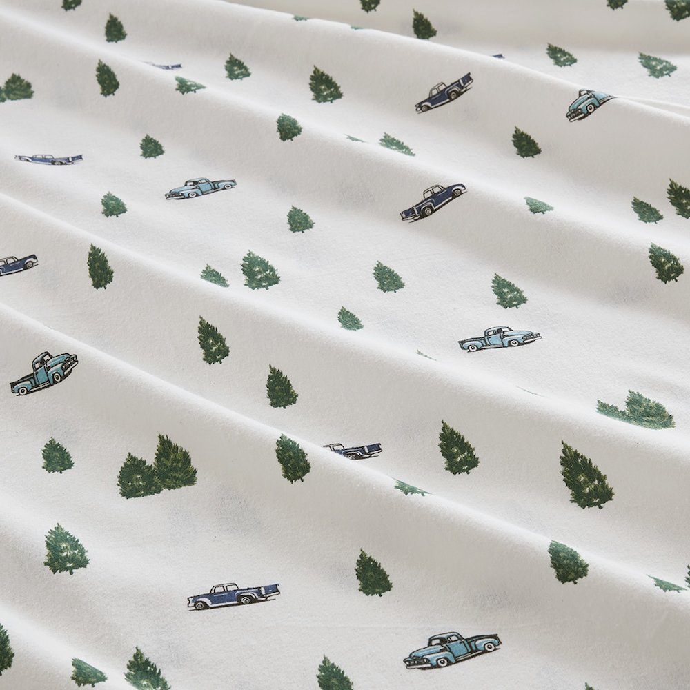 Cotton Flannel Sheet Set in Green Trees & Trucks. Picture 2