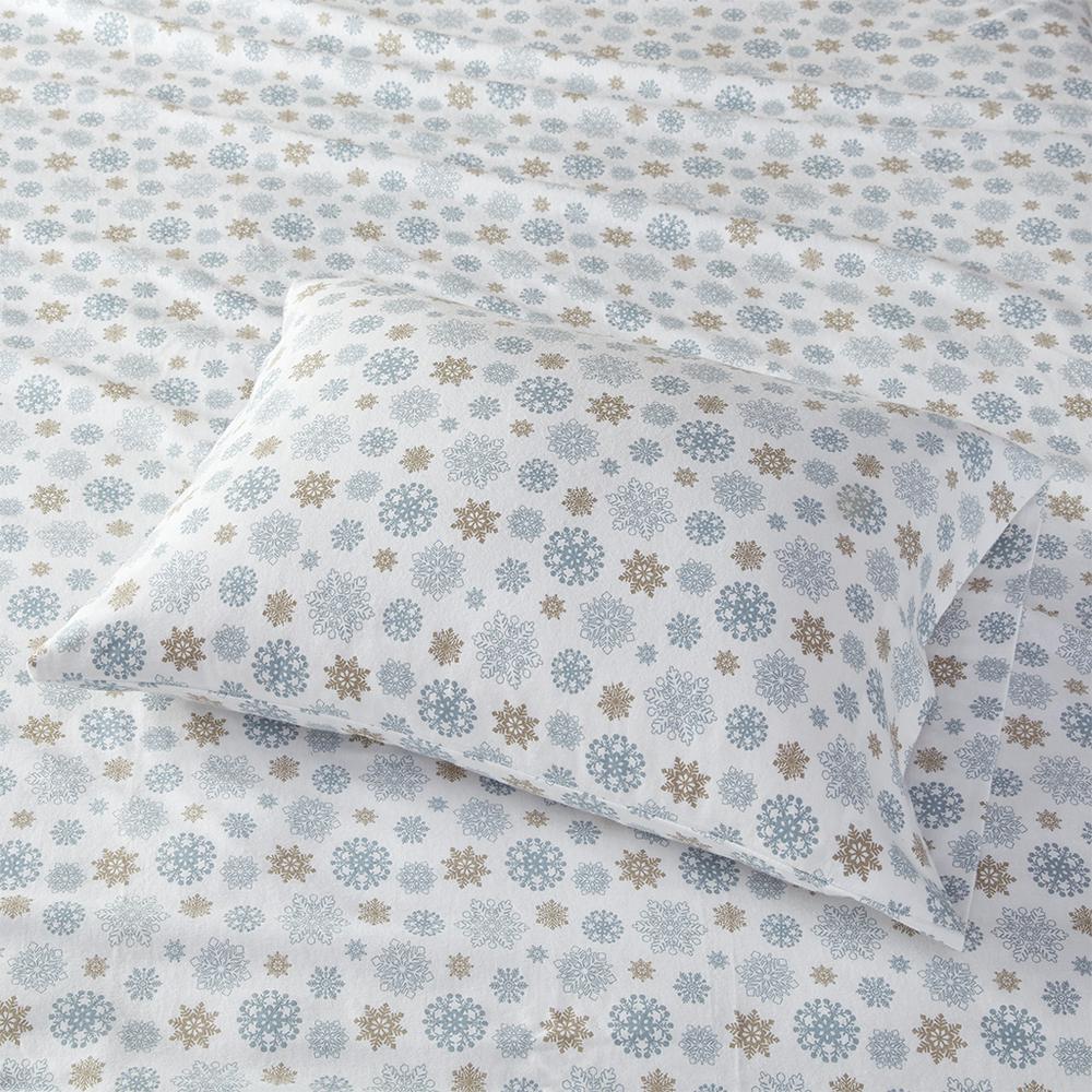 Cozy Flannel Printed Sheet Set, Tan/Blue Snowflakes color. Picture 5