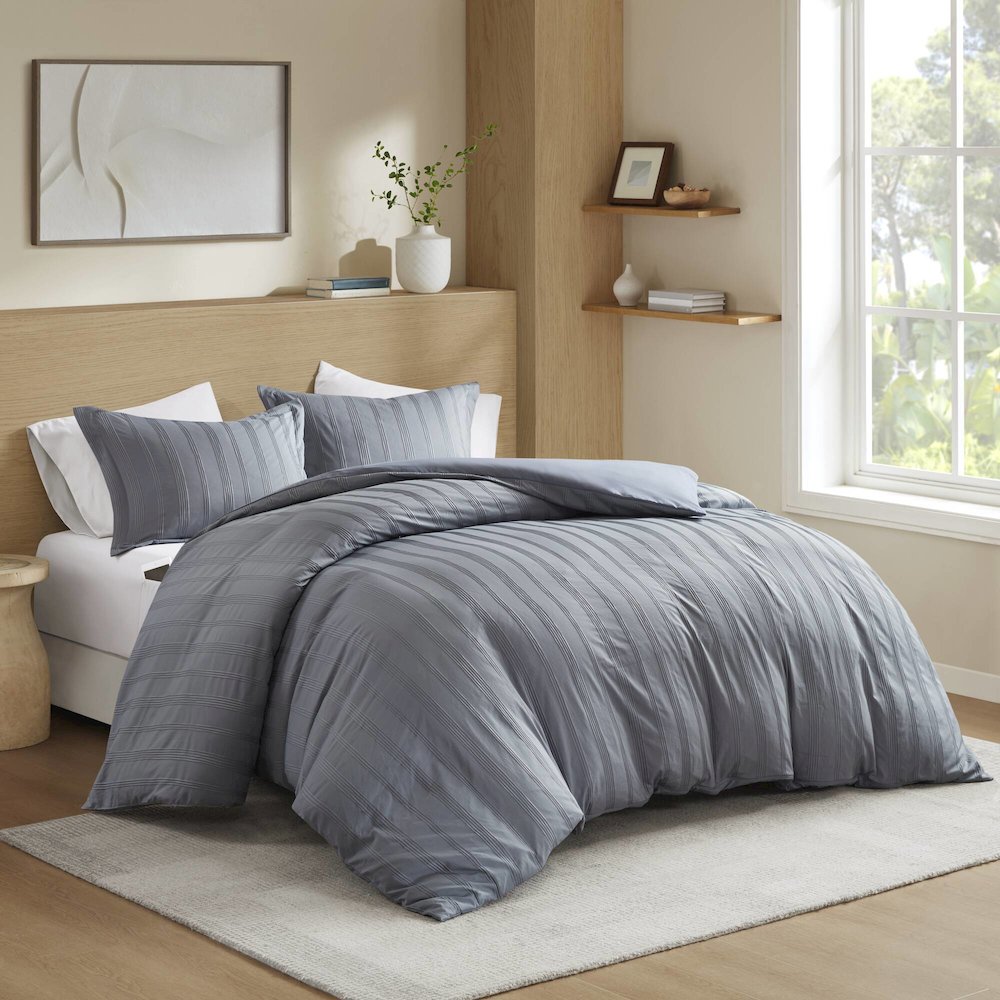 Logan Woven Striped Duvet Set, Blue/Grey color. Picture 2