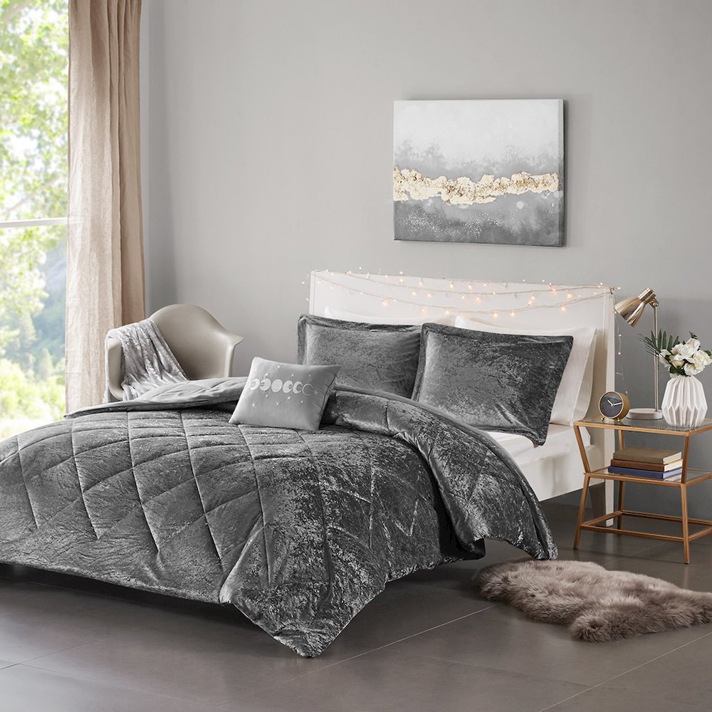 Felicia Velvet Comforter Set with Throw Pillow, Grey color. Picture 1
