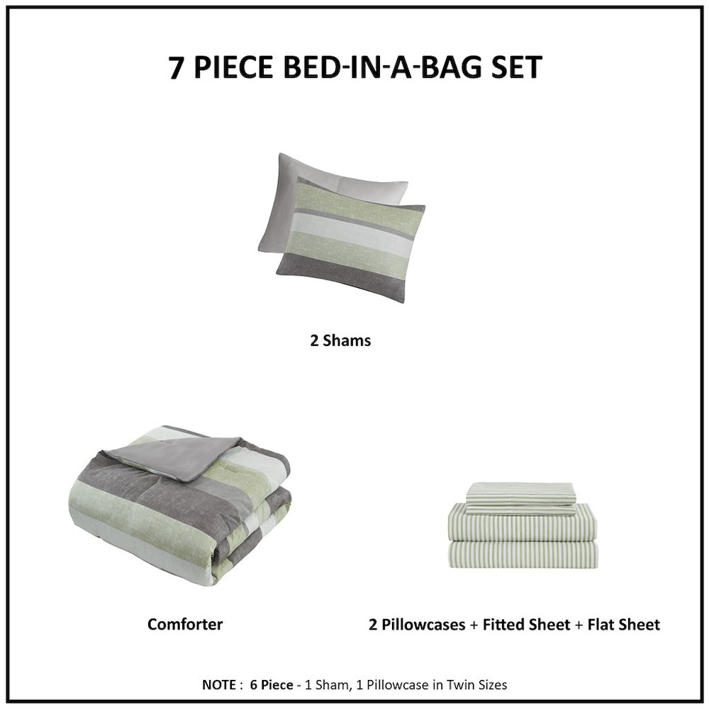 Jaxon Stripe Comforter Set with Bed Sheets, Green/Grey color. Picture 1
