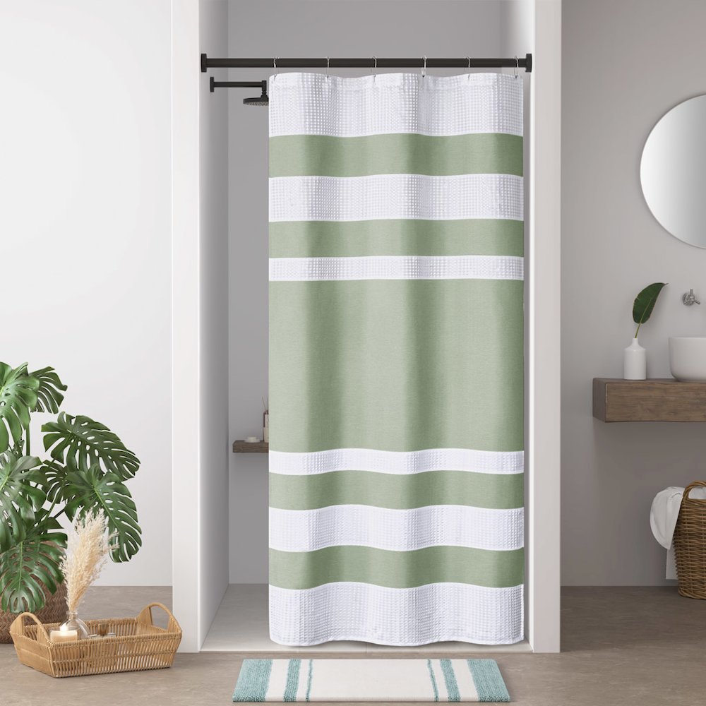 Spa Waffle Shower Curtain with 3M Treatment, Sage Green color. Picture 1
