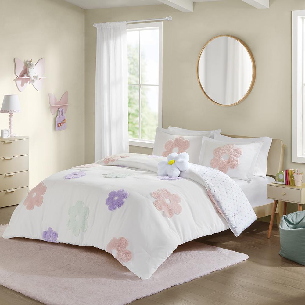 Floral Reversible Tufted Chenille Comforter Set with Flower Throw Pillow. Picture 1