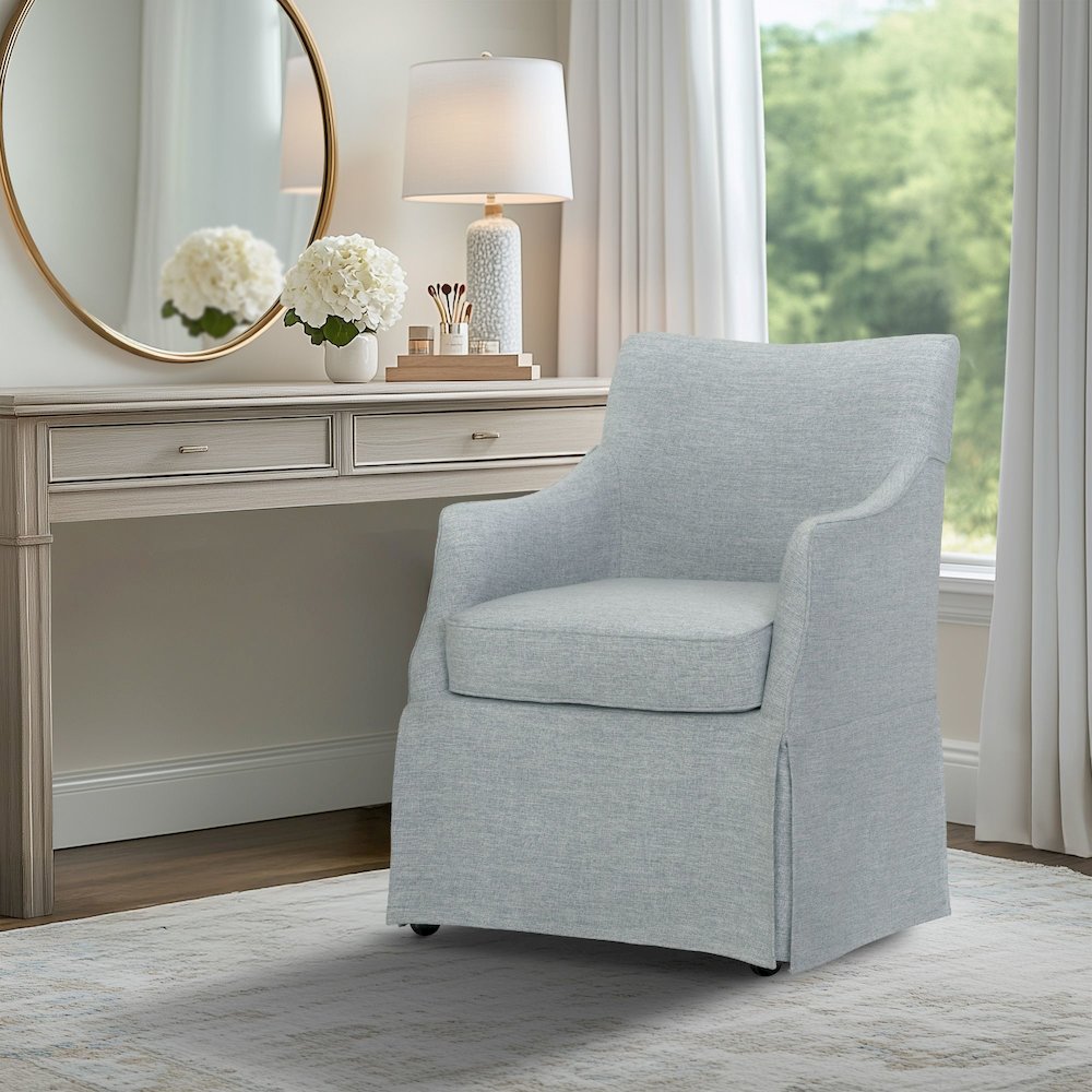 Upholstered Skirted Dining Arm Chair with Hidden Casters. Picture 5