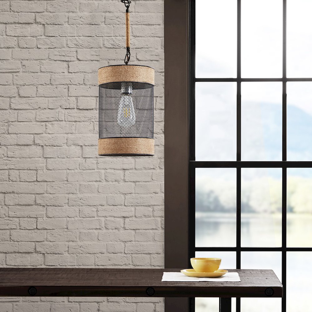 Natural Rope and Metal Mesh Cylinder Pendant. Picture 4