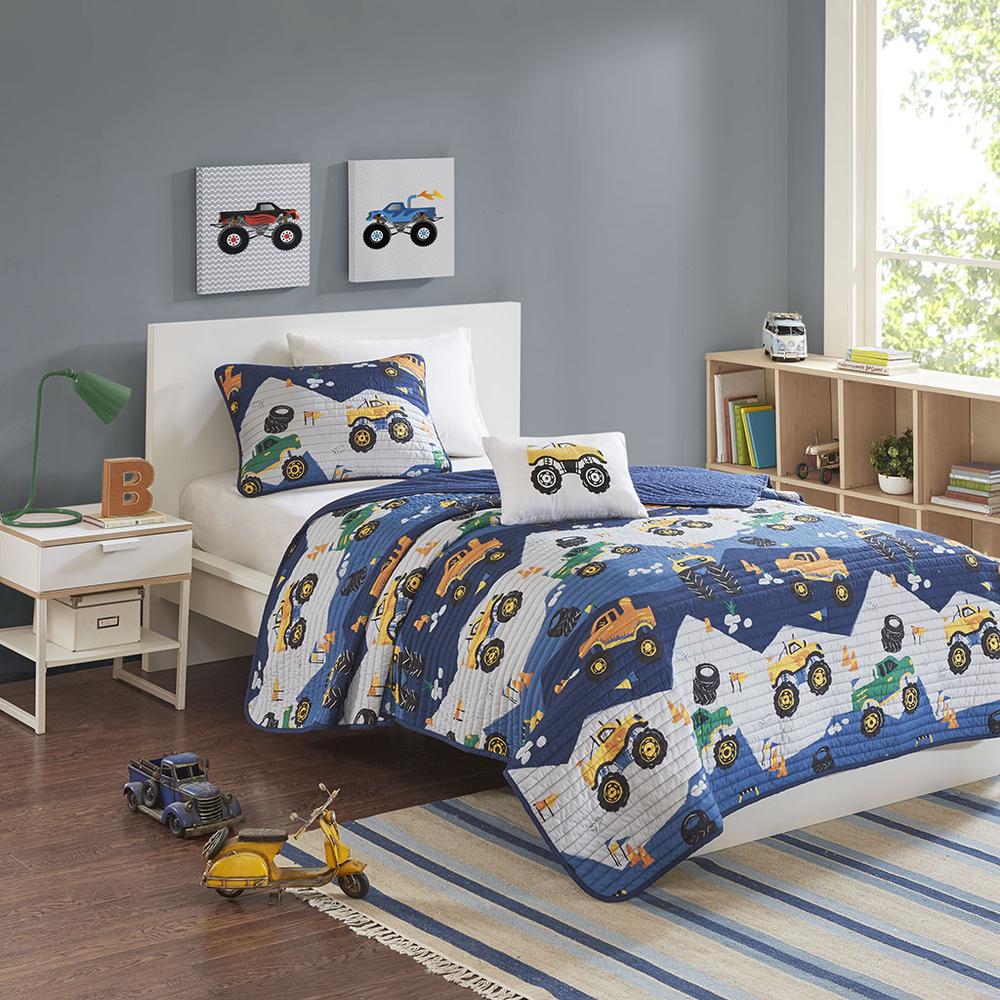 Monster Truck Reversible Quilt Set with Throw Pillow. Picture 4