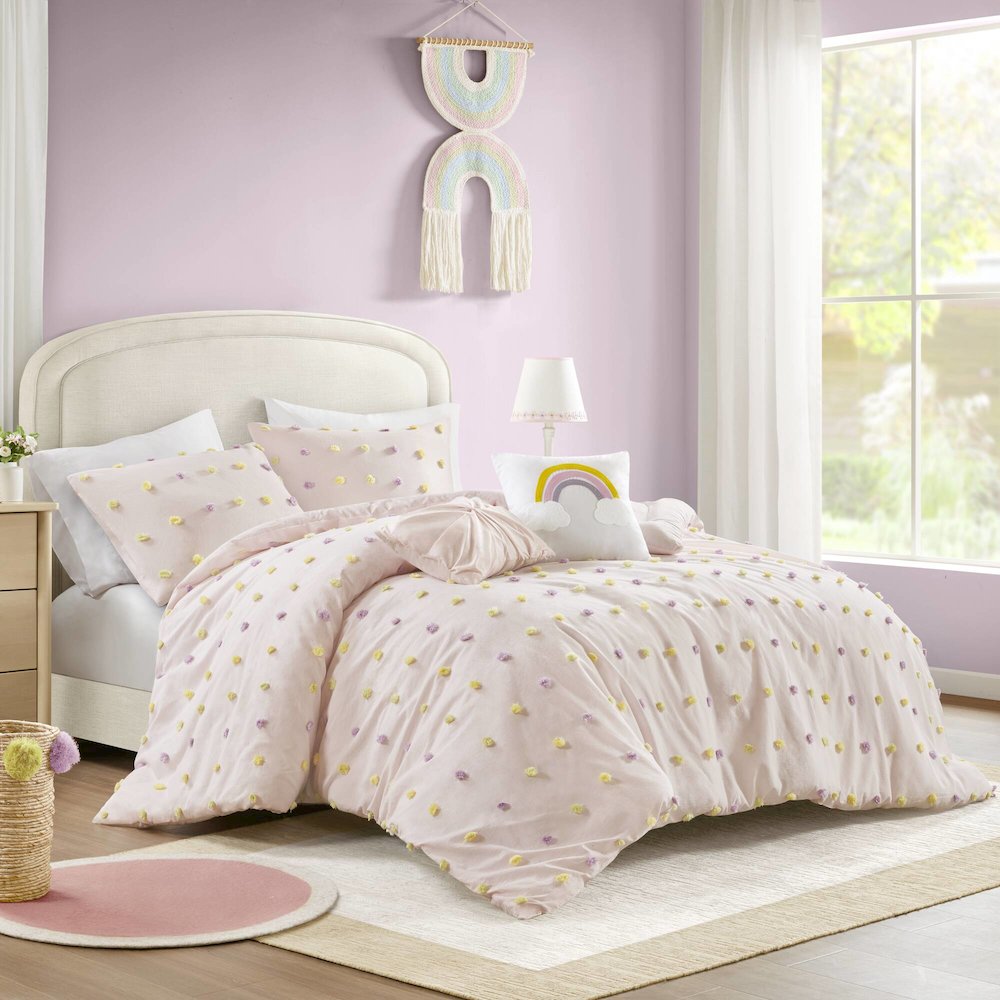 Callie Cotton Jacquard Pom Pom Comforter Set, Pink Multi color. Picture 1