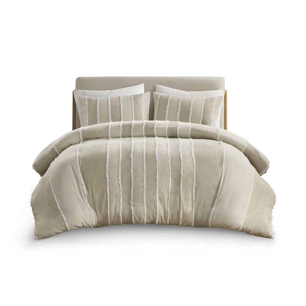 Shay 3 Piece Striped Cotton Duvet Cover Set, Taupe color. Picture 1