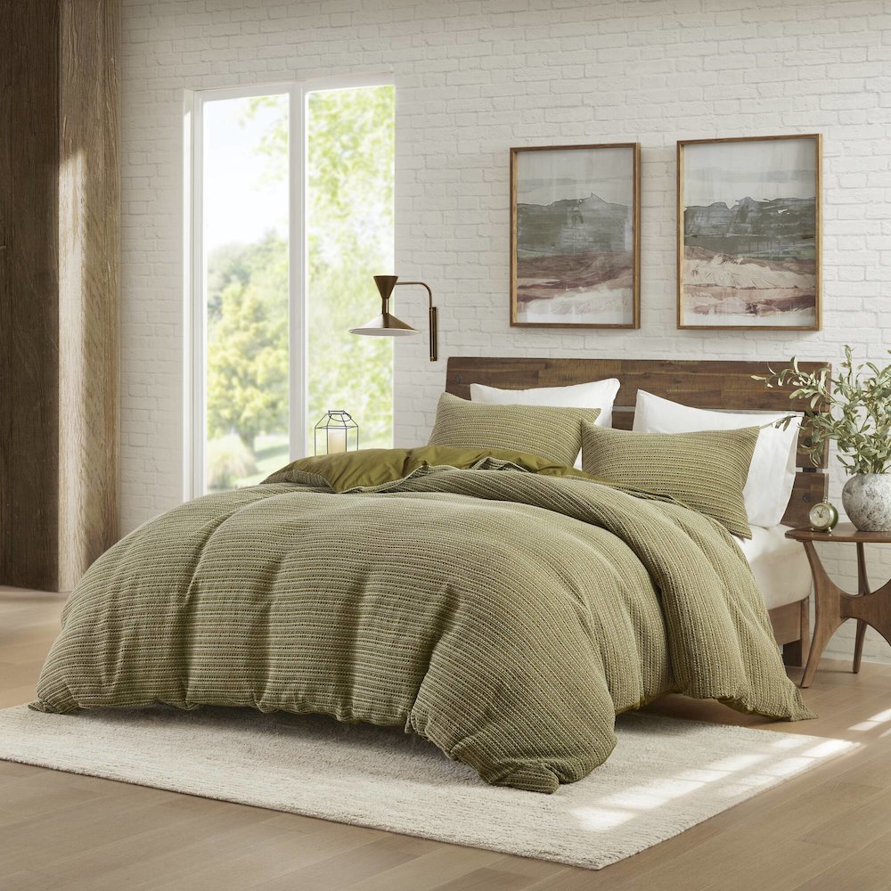 Lyon Waffle Washed Duvet Set, Green color. Picture 1