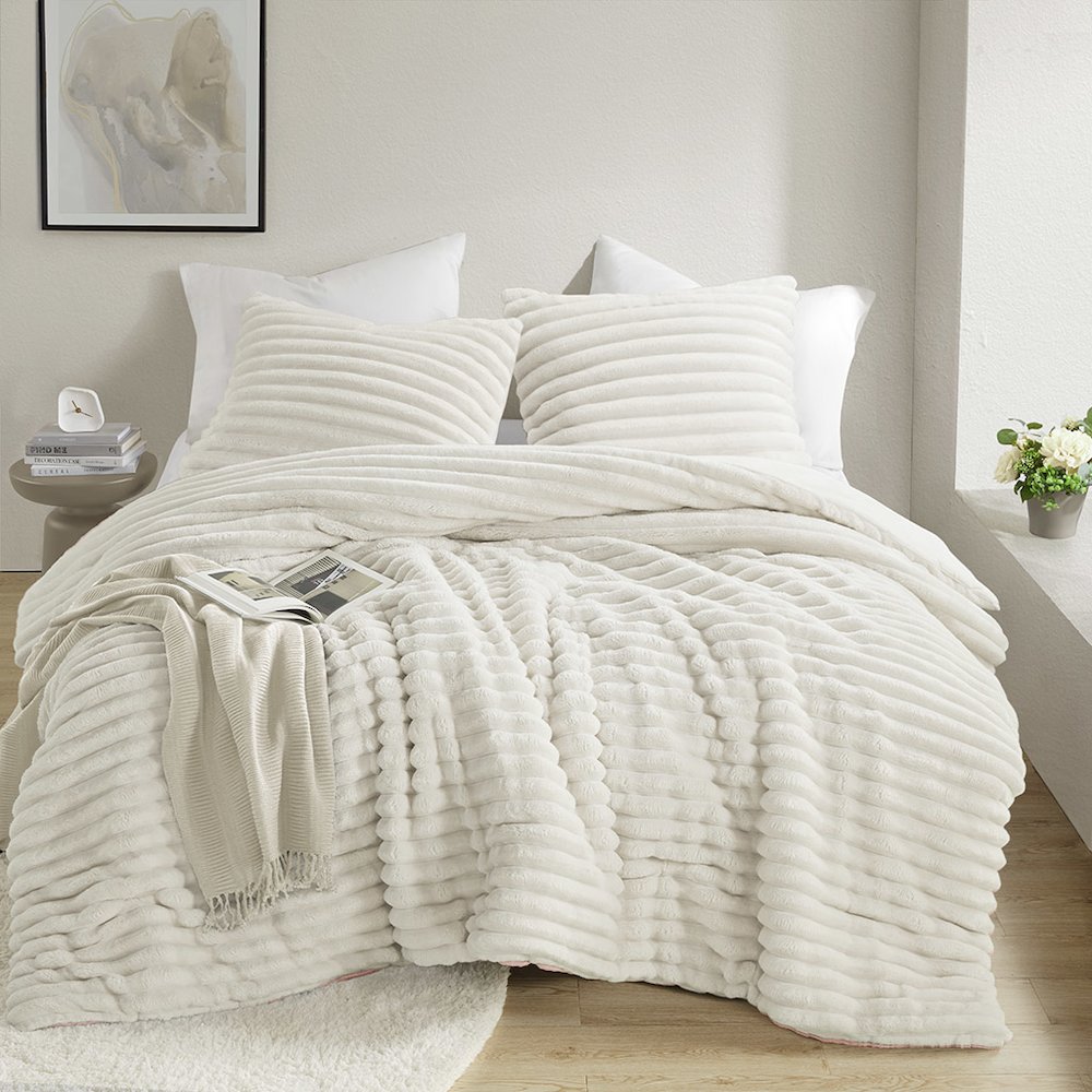 Avril Fluffy Ribbed Plush Comforter Set, Ivory color. Picture 1
