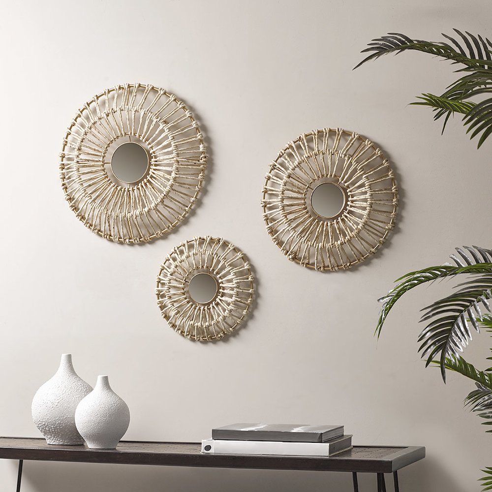 Round Natural Fiber and Mirror 3-piece Wall Decor Set. Picture 5