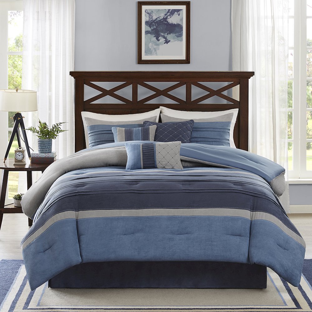 Collins 7 Piece Microsuede Comforter Set, Navy color. Picture 1