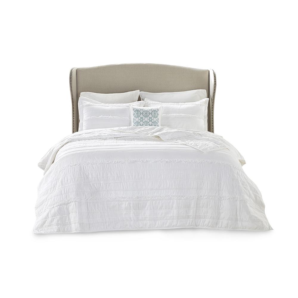 4 Piece Microfiber Reversible Ruffle Quilt Set with Throw Pillow. Picture 1