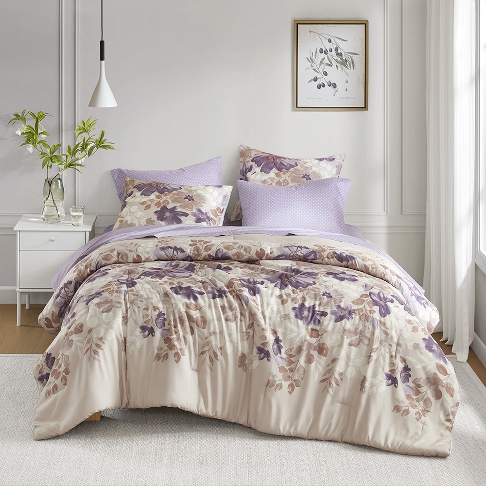 Luna Floral Comforter Set with Bed Sheets, Taupe color. Picture 2