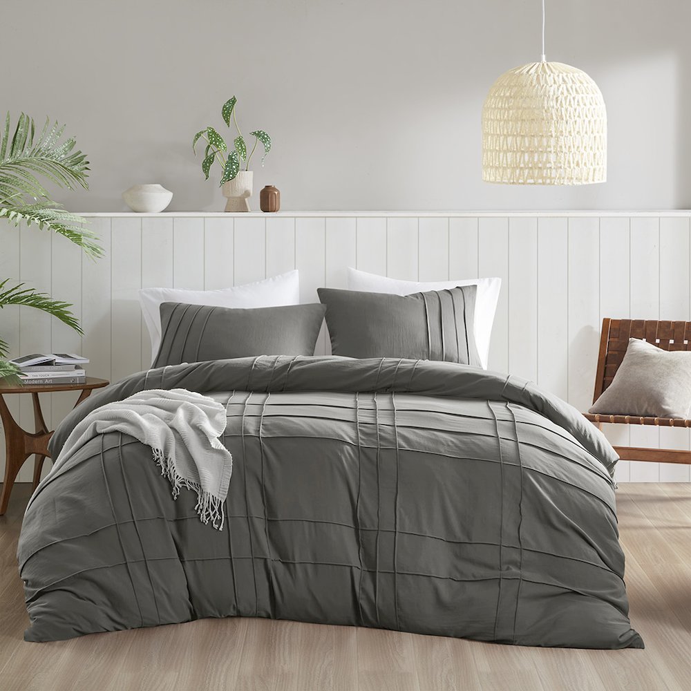 Porter Soft Washed Pleated Duvet Cover Set, Grey color. Picture 1