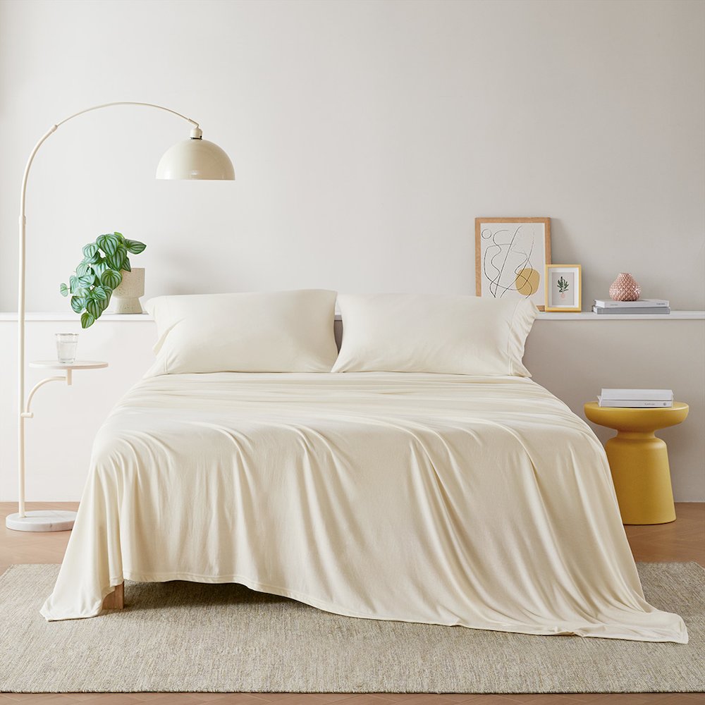 Cotton Blend Jersey Knit All Season Sheet Set, Cream color. Picture 1
