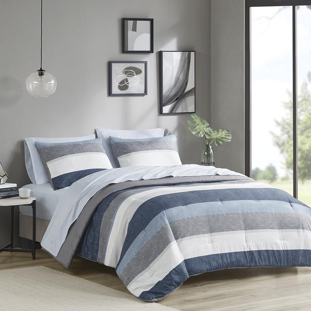 Jaxon Stripe Comforter Set with Bed Sheets, Blue/Grey color. Picture 4
