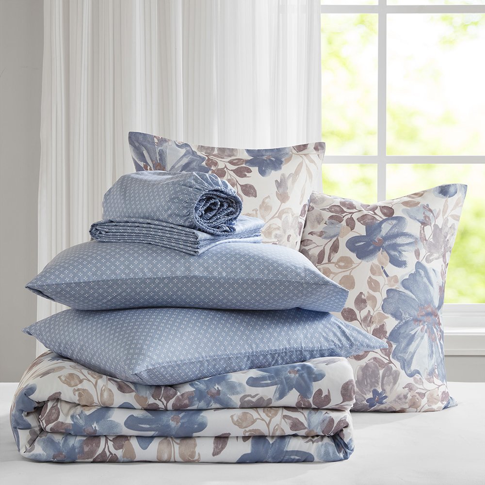 Luna Floral Comforter Set with Bed Sheets, Blue color. Picture 5