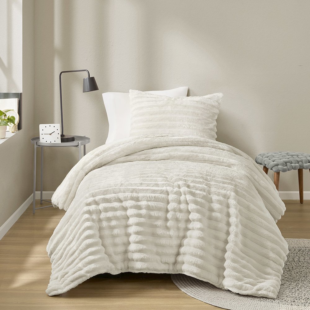 Avril Fluffy Ribbed Plush Comforter Set, Ivory color. Picture 5