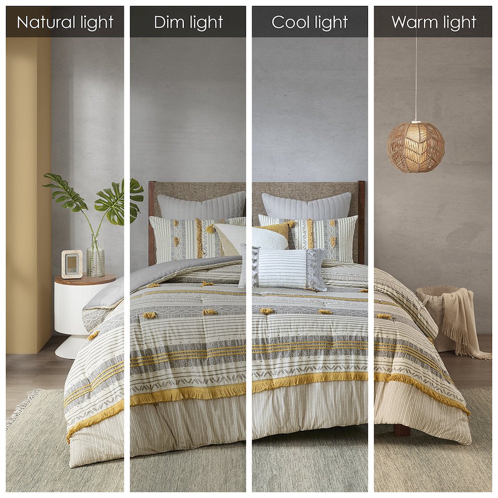 Cody 3 Piece Cotton Comforter Set, Gray/Yellow color. Picture 2
