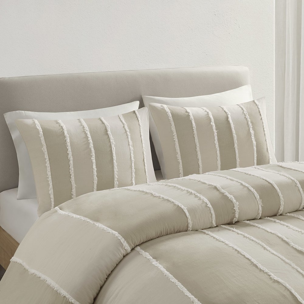 Shay 3 Piece Striped Cotton Duvet Cover Set, Taupe color. Picture 5