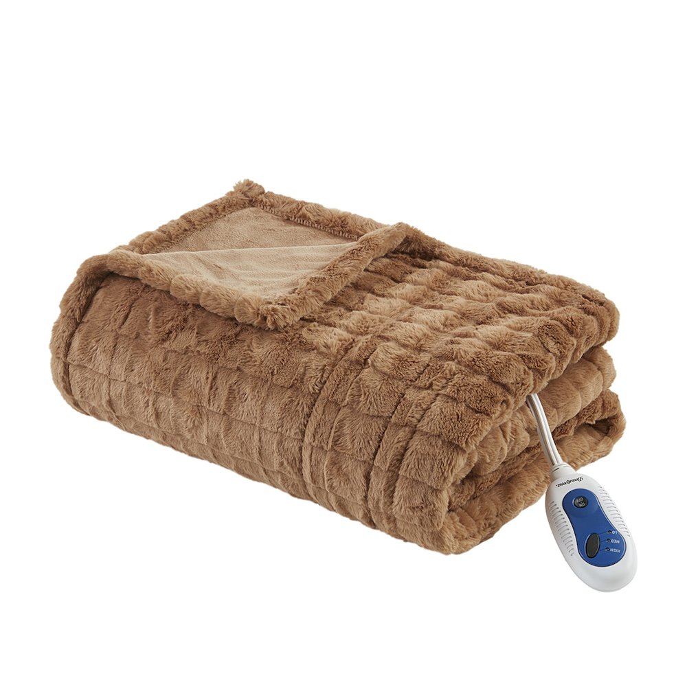 Zuri Oversized Faux Fur Heated Throw in Brown Texture. Picture 1